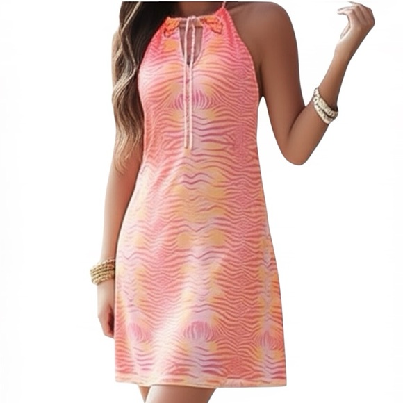 Y2K GUESS Animal Print Split Neck Mini Dress Sunset Orange Pink S Cocktail Party - Picture 16 of 16